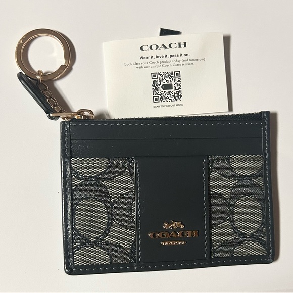 Coach Signature Jacquard Mini Card Holder Gold Navy Midnight Navy NWT - Picture 3 of 4